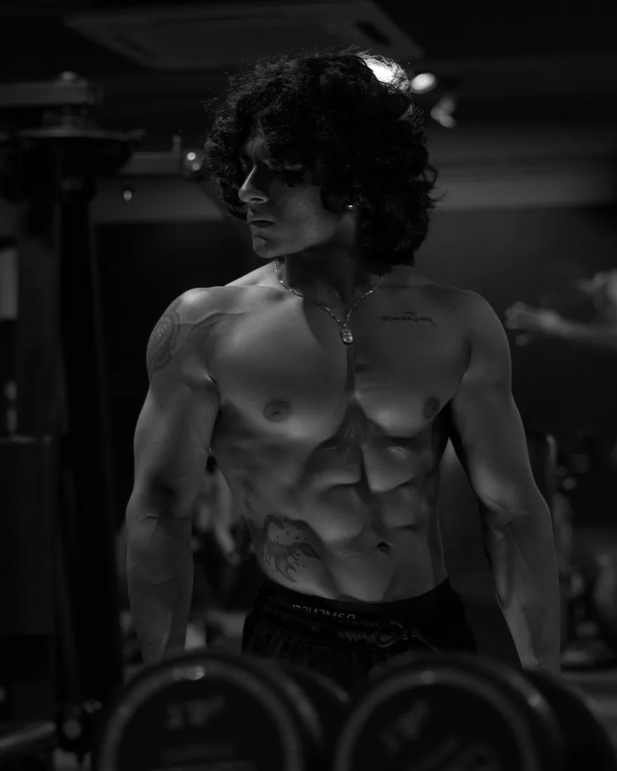Black and white gym portrait of Rajdeep